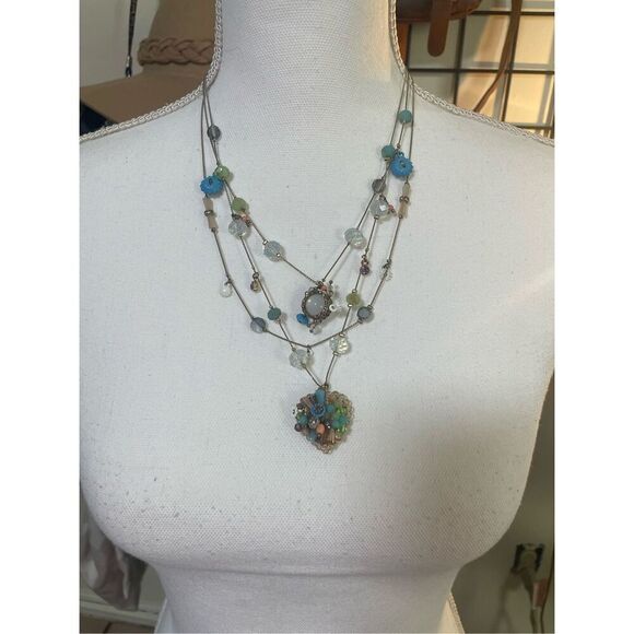 Betsey Johnson Woven Mixed Multi-Colored Bead Flower Heart Illusion Necklace - Picture 6 of 6